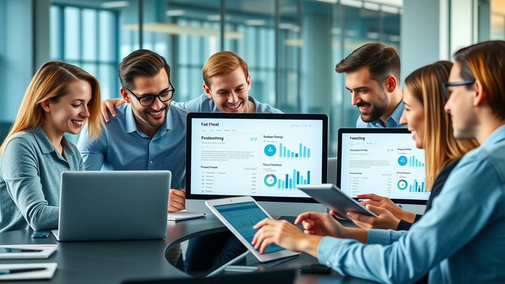 dynamic team of digital marketers collaborating with laptops on email marketing campaign strategies and analytics with modern office screens, email marketing tools