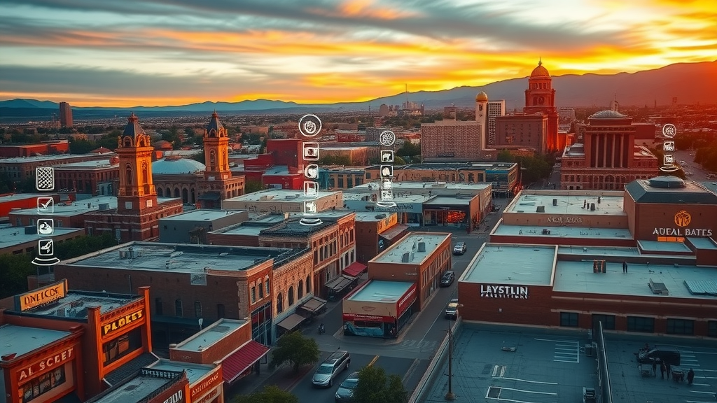 Albuquerque digital marketing businesses with glowing online icons across a vibrant sunset cityscape