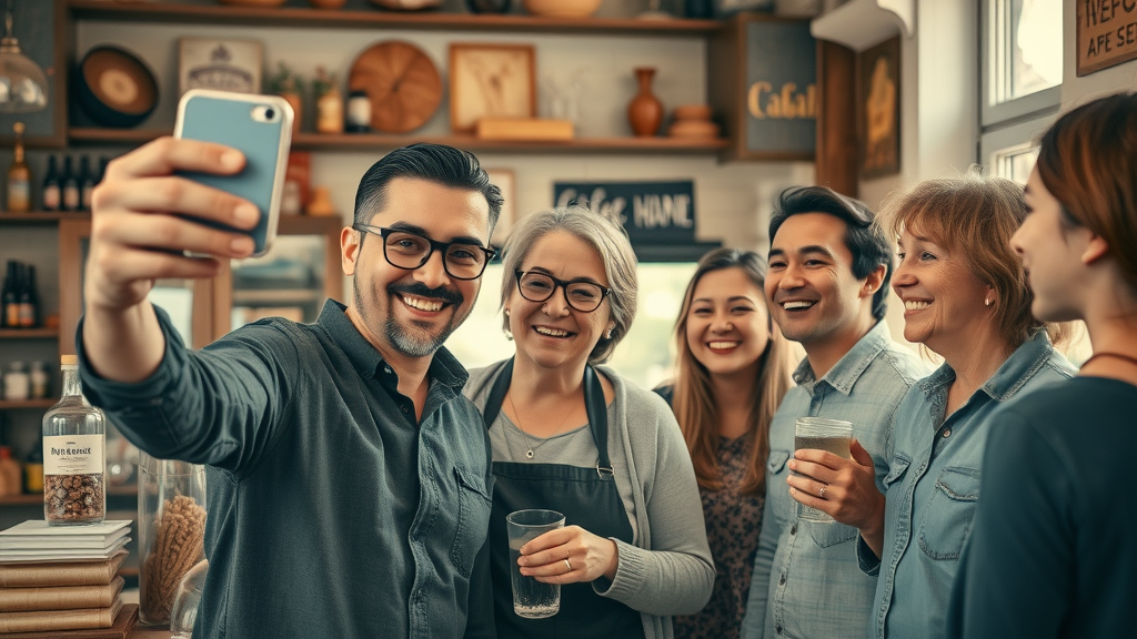 Happy shop owner taking a selfie with loyal customers, local business social media advertising