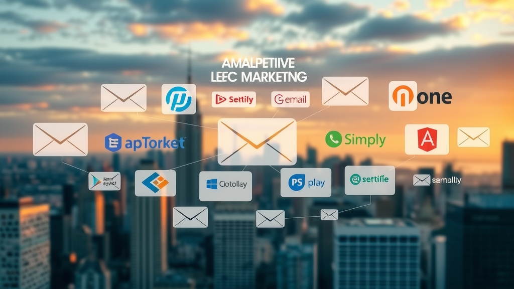 collage of leading email marketing platforms logos, artistic dashboard overlays, connected marketing strategies