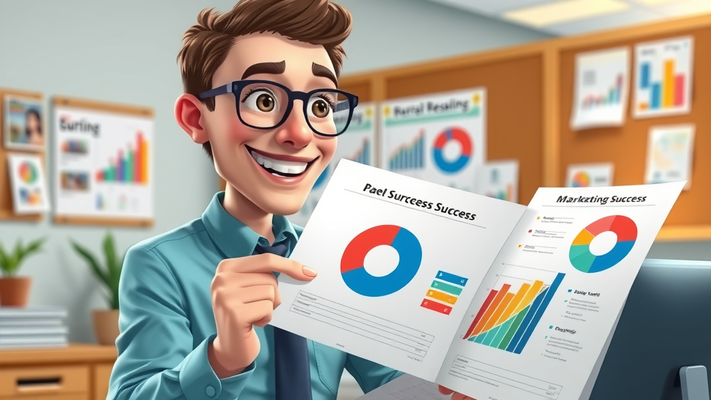 marketing researcher reviewing content marketing success rate data with animated pie charts