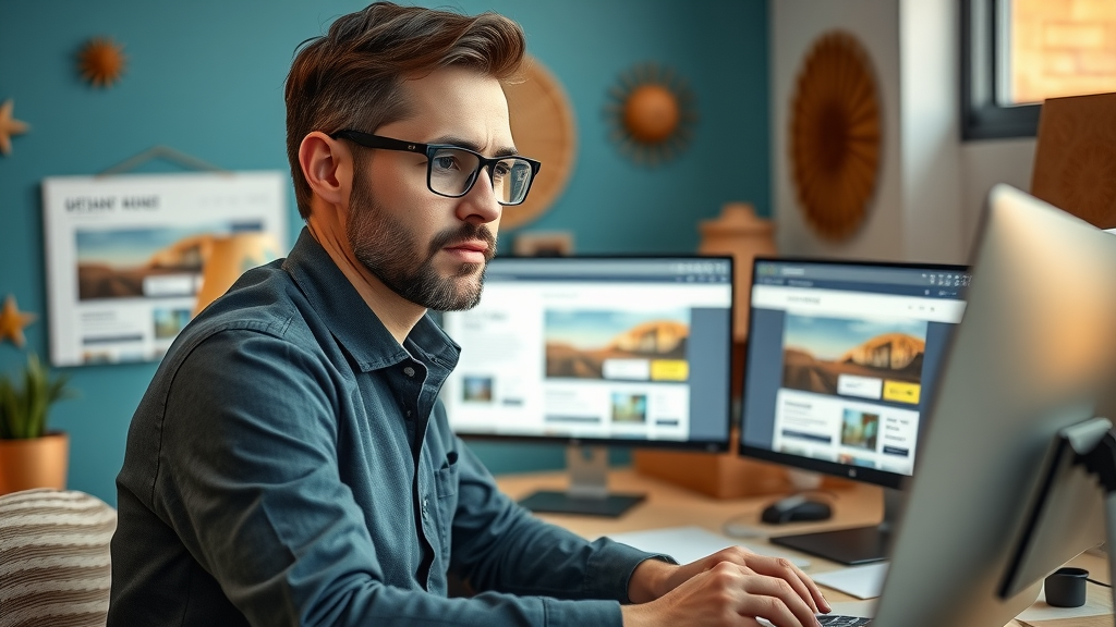 Designer refining a website for Albuquerque digital marketing in a stylish studio with southwestern motifs