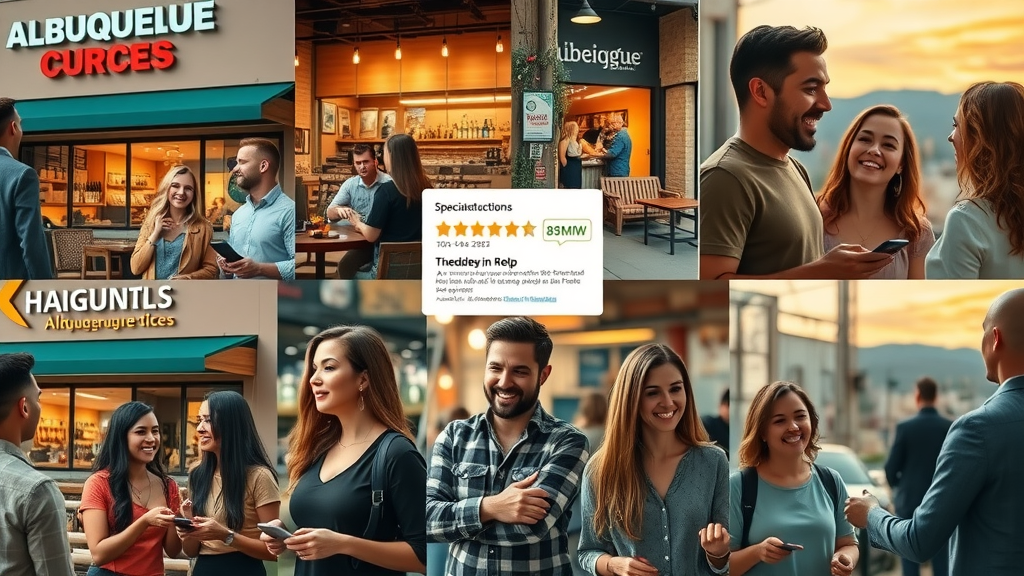 dynamic collage of diverse Albuquerque business types, cheerful staff, engaging with happy customers, Cinematic, cityscape background showing mix of cafés, boutiques, and services, highly detailed, interaction scenes with digital review icons, rich mixed colors, golden hour lighting, shot with an 85mm lens. Local businesses in Albuquerque customer engagement