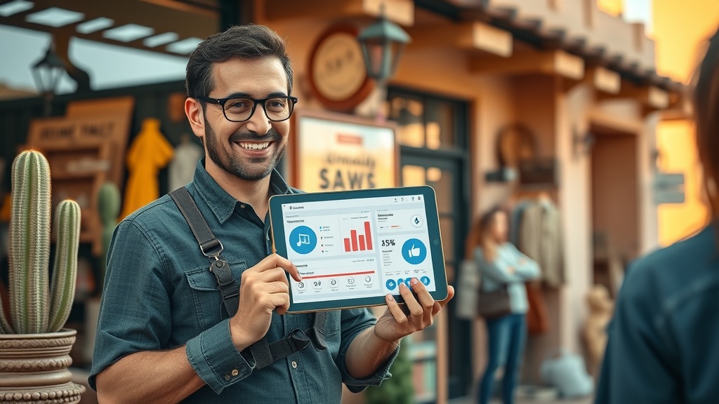 social media marketing for small business in Albuquerque - Small retail shop owner in Albuquerque displaying positive social media stats to customers, upbeat storefront, Southwest style