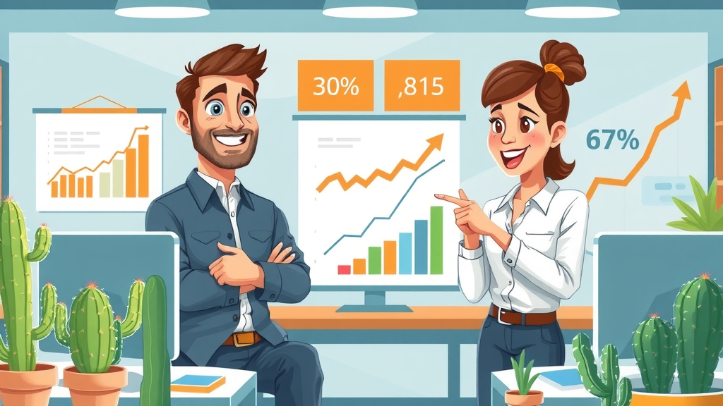 SEO for Small Businesses in Albuquerque infographic showing growth statistics, small business owners reviewing digital graphs in a modern Albuquerque office with cacti, colorful bar charts, and happy faces