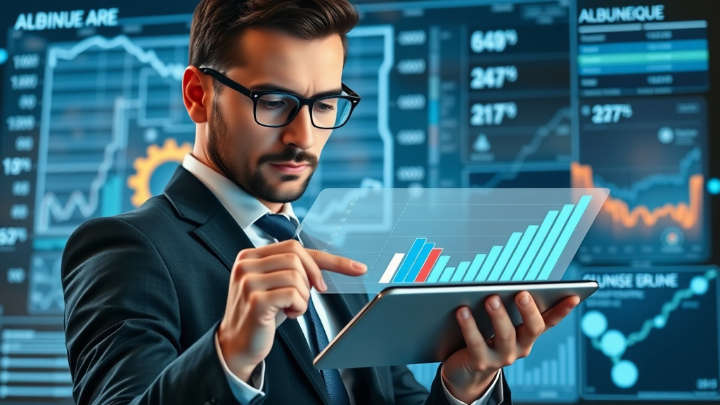 Small business owner using Albuquerque dashboard to analyze growth rates and benchmarks