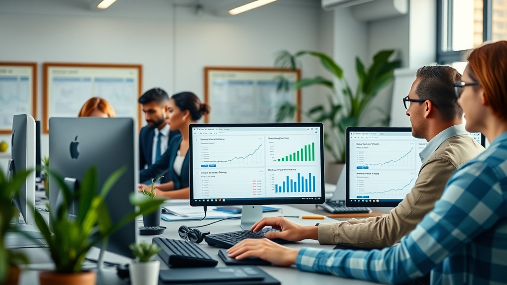 Small business team analyzing SEO tool dashboards in a modern workspace