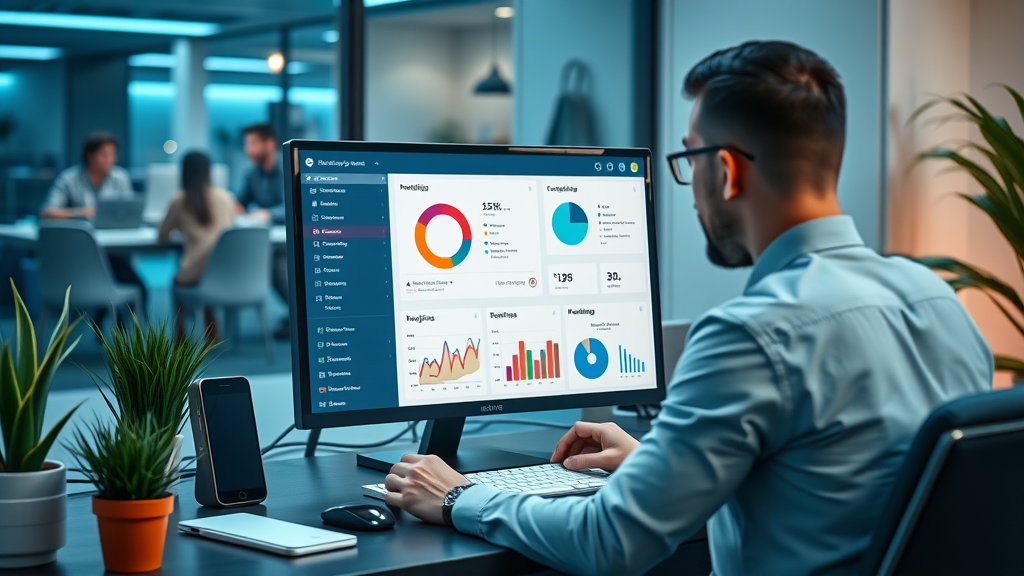 Business owner reviewing all-in-one SEO software dashboard with detailed analytics