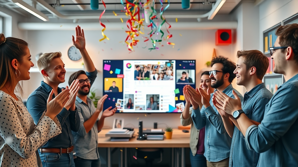 Social media marketing strategies for startups - team celebrating viral campaign for brand awareness