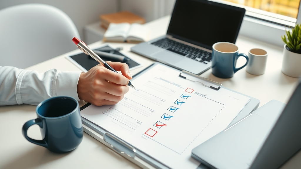 Motivated entrepreneur checking off tasks for email marketing campaign launch at tidy workspace - action plan for small business