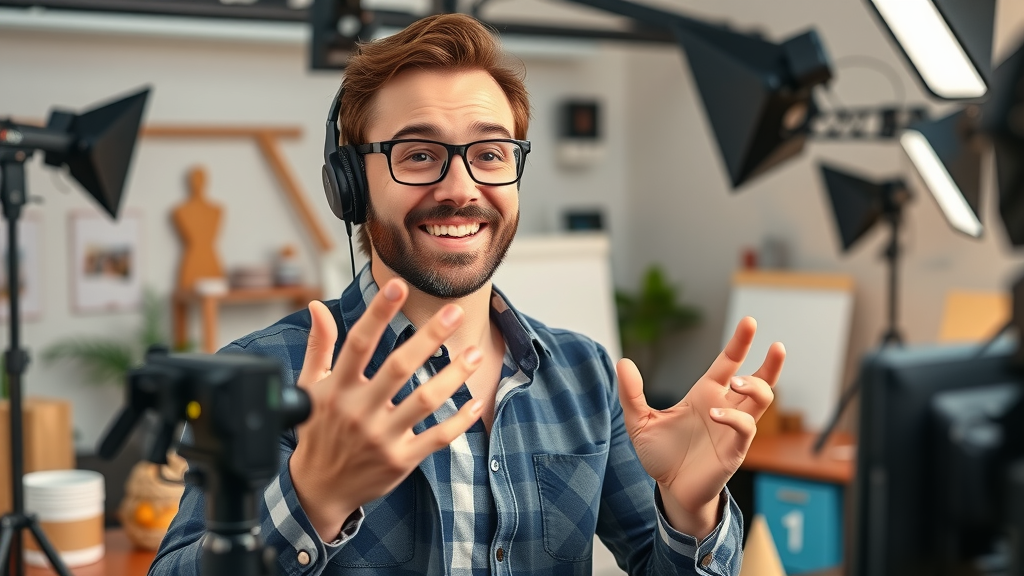 content marketing for small businesses - owner recording video blog surrounded by products