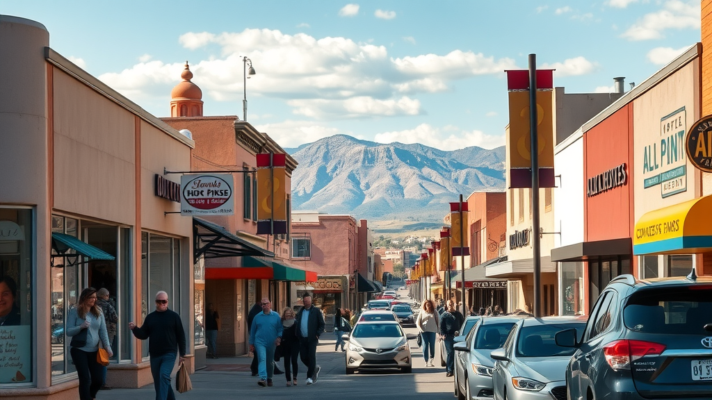 vibrant Albuquerque downtown street, small business growth Albuquerque, bustling shopfronts, Sandia Mountains, diverse customers, photorealistic morning light