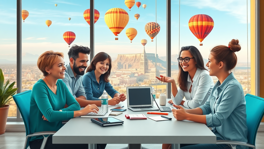 social media marketing for small businesses in Albuquerque, team collaborating, Albuquerque skyline, digital devices