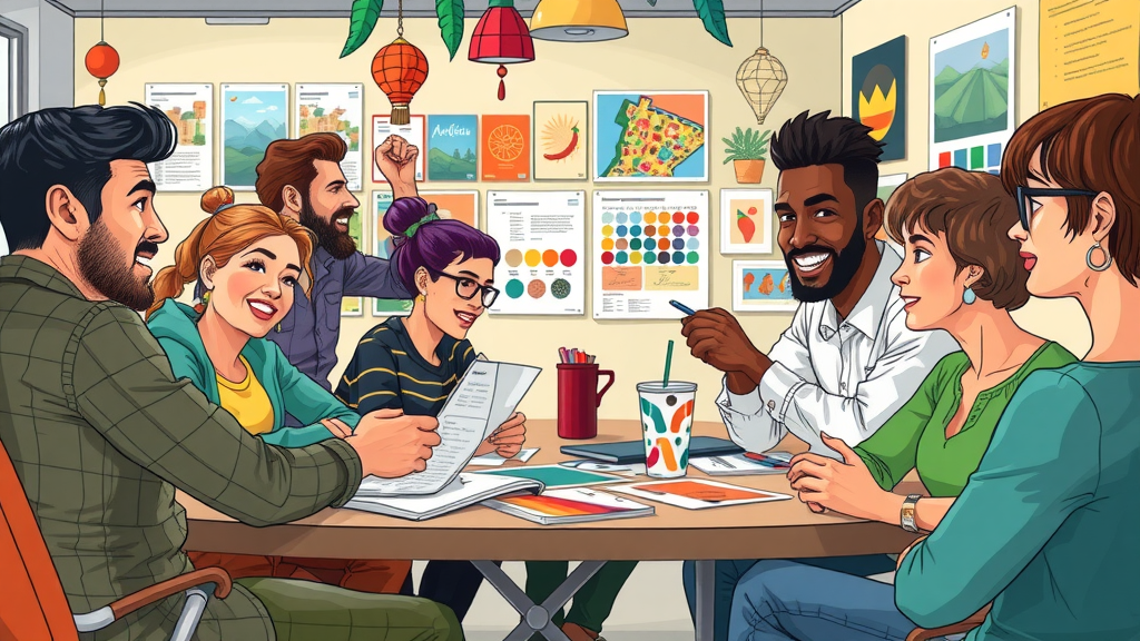 social media marketing for small business in Albuquerque - Creative team brainstorming unique brand voice, Albuquerque office with local decor elements, vibrant colors, and mood boards