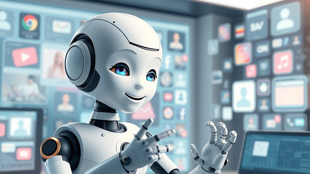 Innovative AI robot generating social media content, generative AI, digital workspace, dynamic content icons floating, content creation.