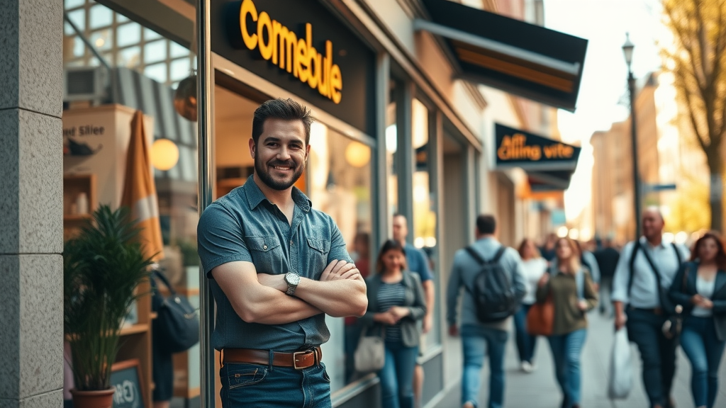 modern small business storefront with confident owner welcoming customers – online marketing for small businesses