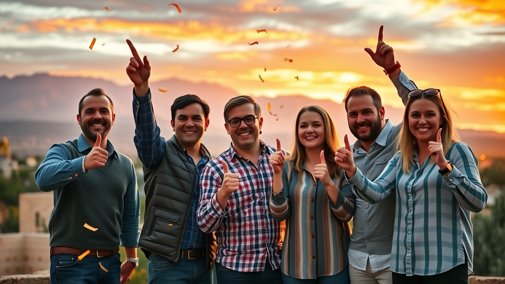 Albuquerque entrepreneurs celebrating small business success, Sandia Mountains in the background
