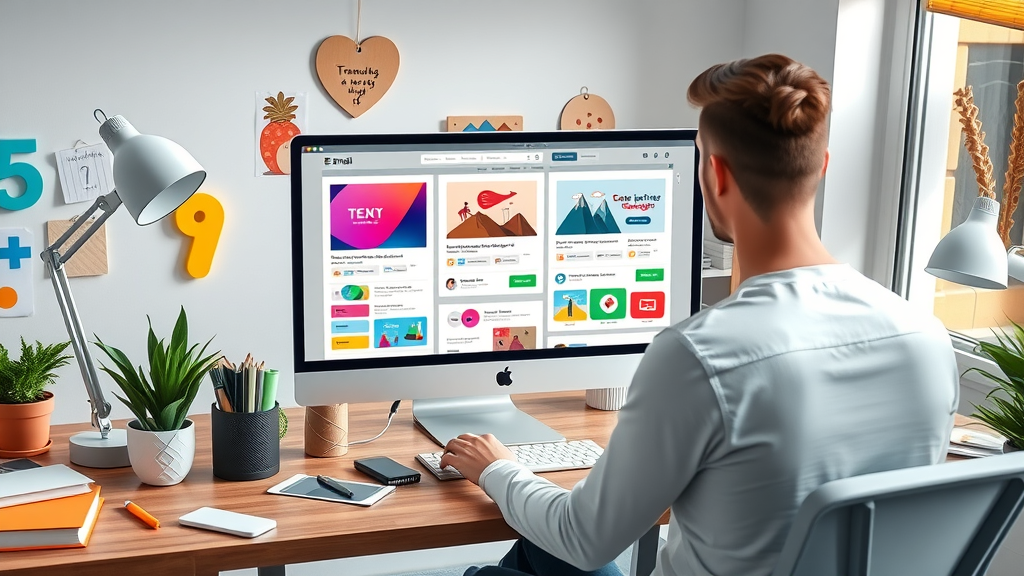 modern designer customizing vibrant email templates, creative marketing tool, responsive email editor, marketing platform