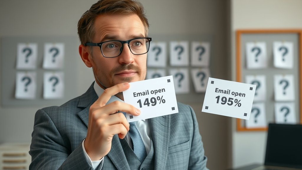 professional holding question cards about email open rates
