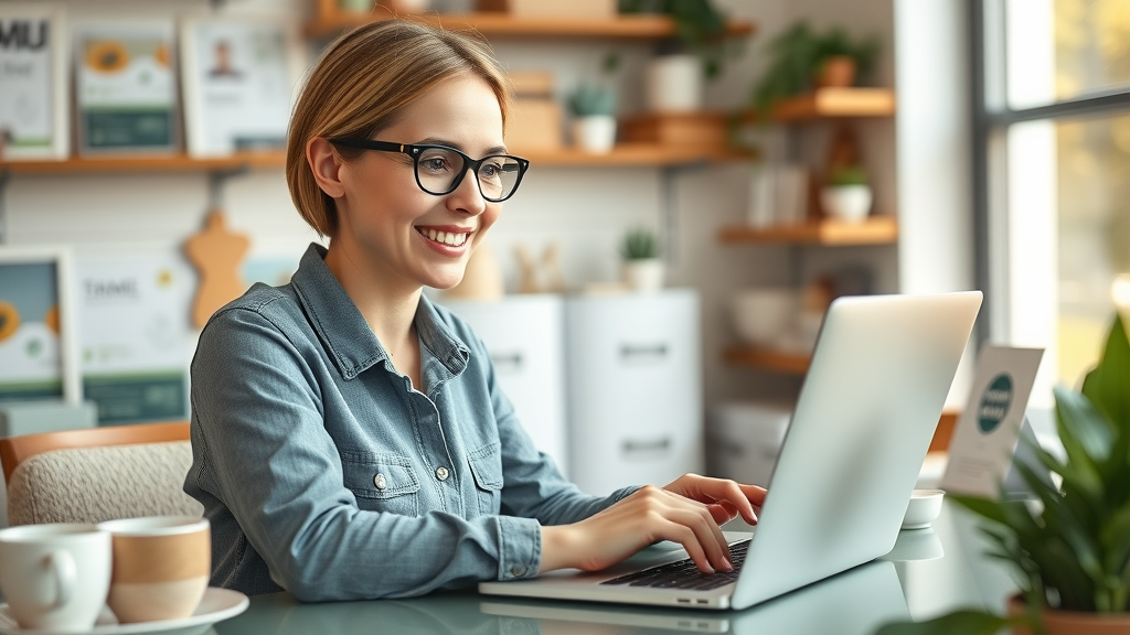 friendly small business owner creating an email campaign using Constant Contact, satisfied marketer, marketing service tool