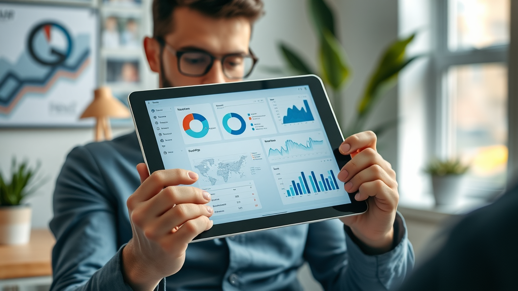 Business owner examining social media analytics on a tablet to track social media engagement small business in a modern workspace