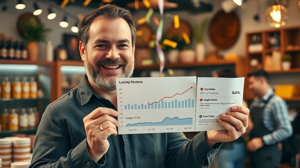 Proud Albuquerque small business owner celebrating SEO-driven growth, smiling with staff, showing sales graph and positive Google reviews inside shop