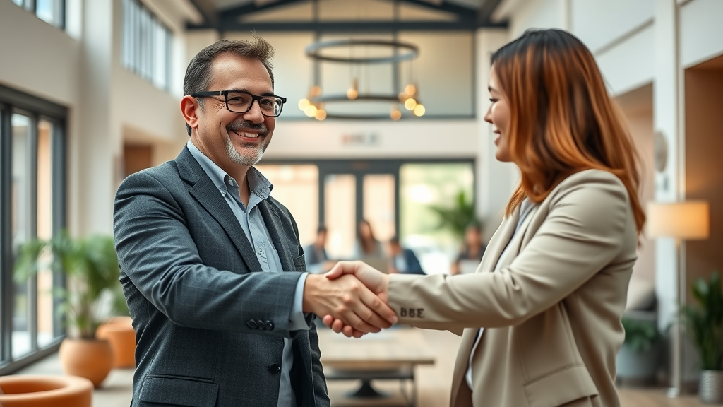 Successful partnership—Albuquerque business owner shaking hands with a marketing expert in a contemporary workspace