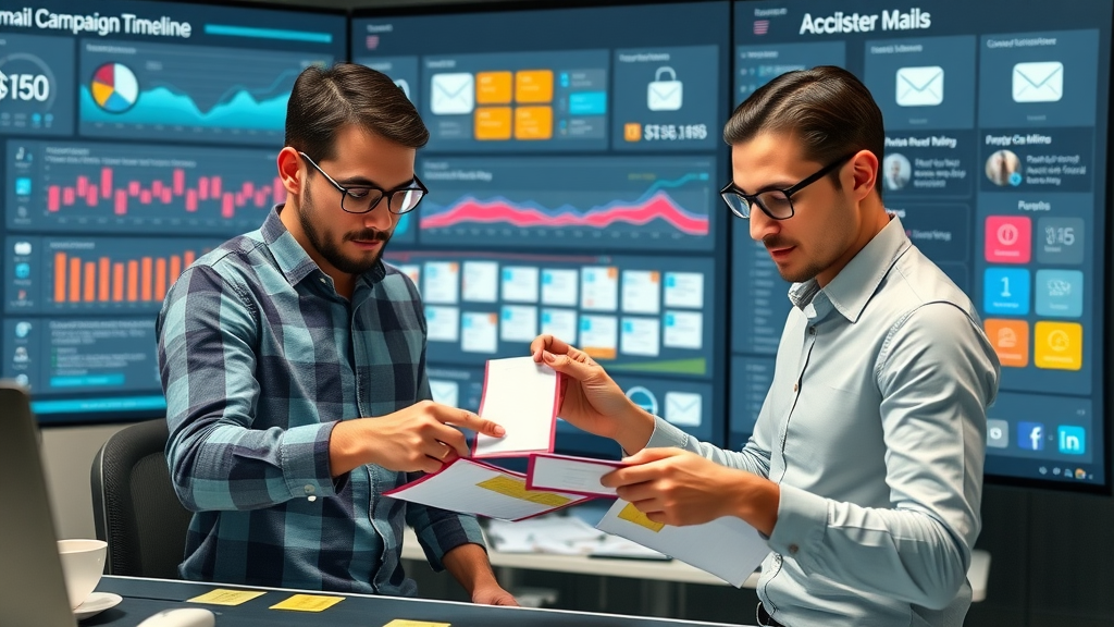 professional marketers mapping email marketing campaign timeline, digital dashboard, engagement, vibrant workspace
