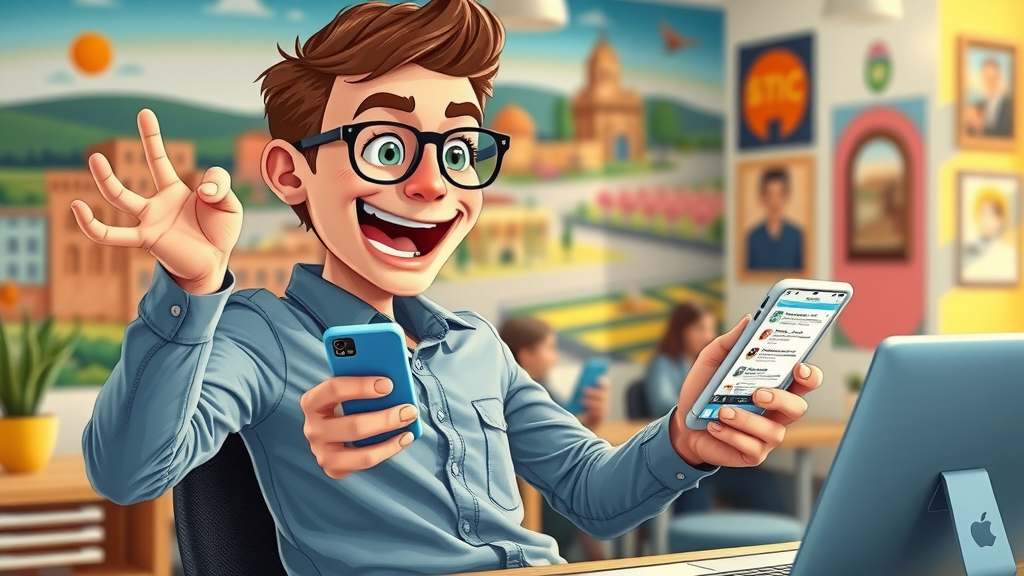 Young Albuquerque entrepreneur scheduling social media posts on multiple devices in a vibrant office with a city mural background