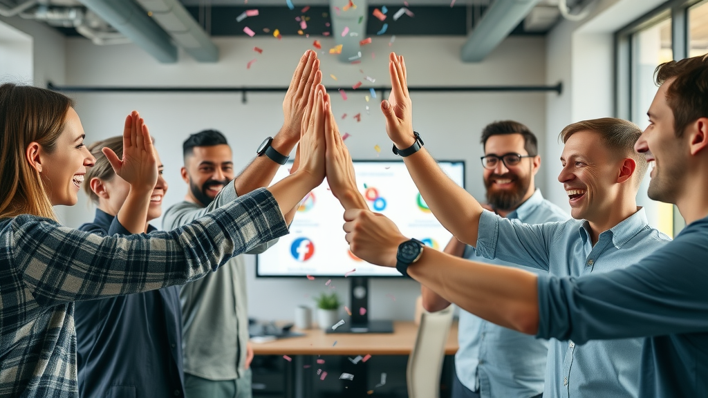 successful brand team celebrating high ROI email marketing campaign with group high five