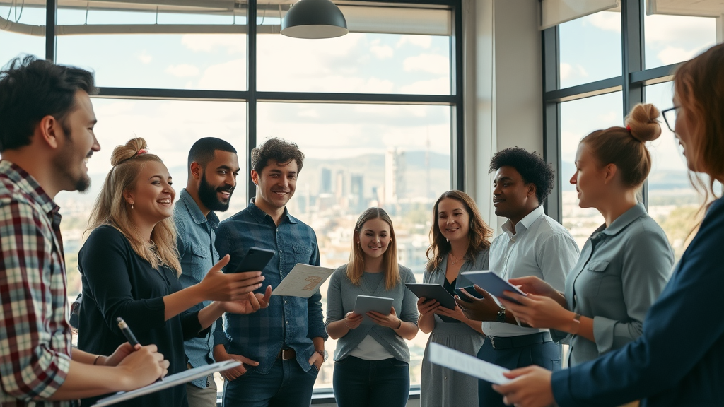 Dynamic Albuquerque startup team collaborating on small business growth, city skyline visible, Albuquerque