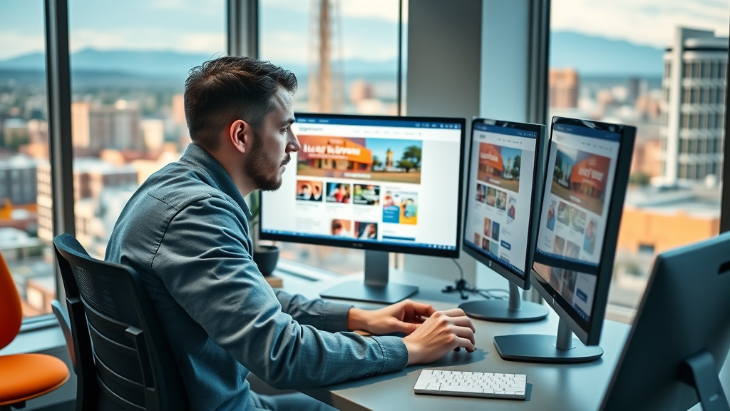 web design for small business in Albuquerque, workspace, cityscape, colorful digital screens