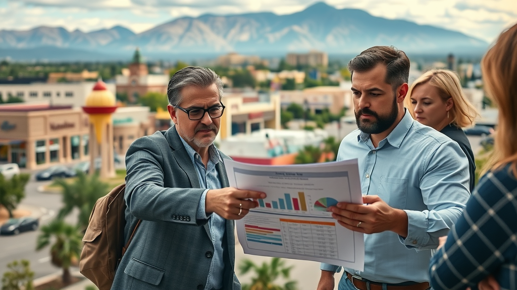 Dynamic Albuquerque cityscape with diverse small businesses, business owners analyzing marketing strategies