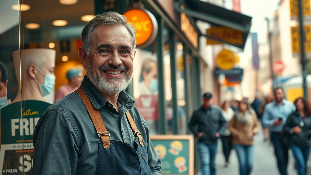 Vibrant local business storefront, proud owner smiling, welcoming customers, local business social media advertising, urban main street background