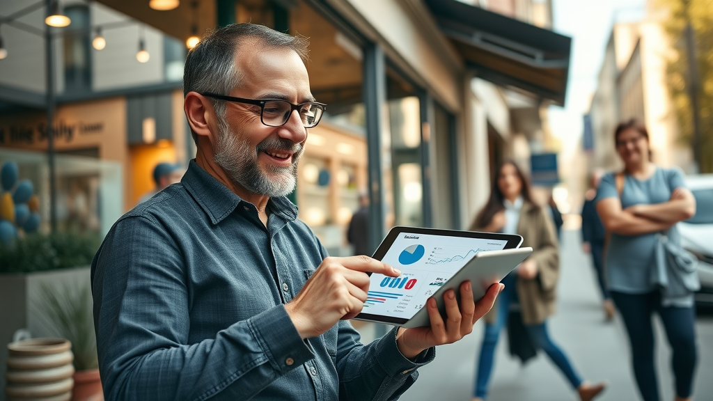 Small business owner checking SEO analytics on tablet on urban business street