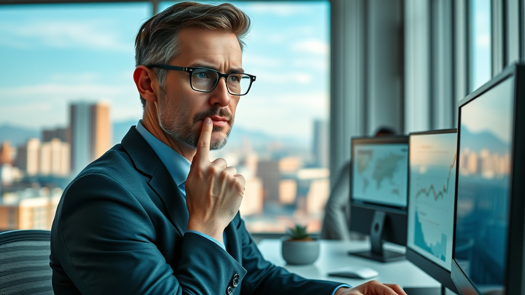 Albuquerque marketer analyzing campaign metrics and ROI statistics in a modern office