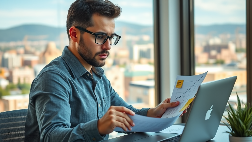 goal-focused small business owner planning strategic growth, Albuquerque city skyline, business growth charts, office expansion