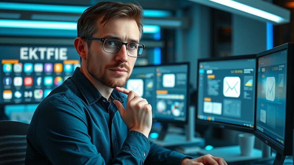 thoughtful marketer comparing social media and email list building potential in a high-tech workspace