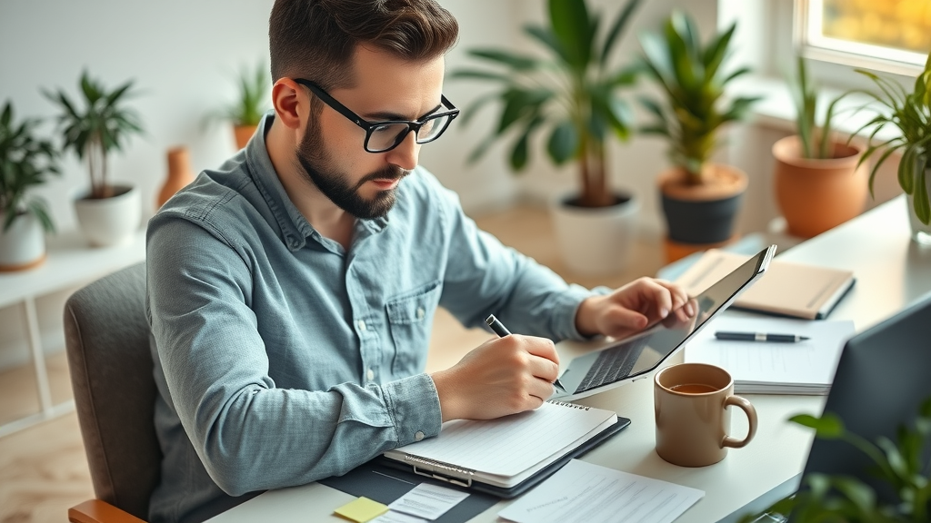 content creation for small businesses: marketer drafts blog post ideas on notepad, home office, tablet, natural light