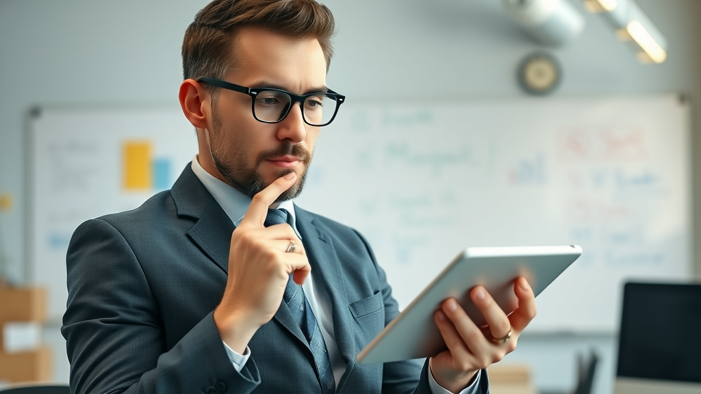 confident business strategist evaluating email automation tools on digital tablet