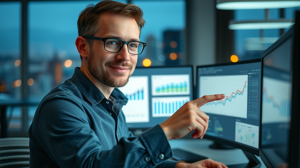 analyst reviewing email marketing analytics for open rates, conversions, and ROI in a modern office