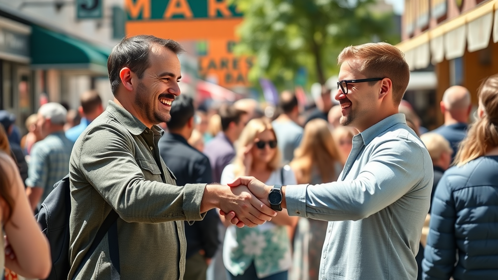 Small business owners shaking hands at a local event partnership. Local business marketing collaboration.