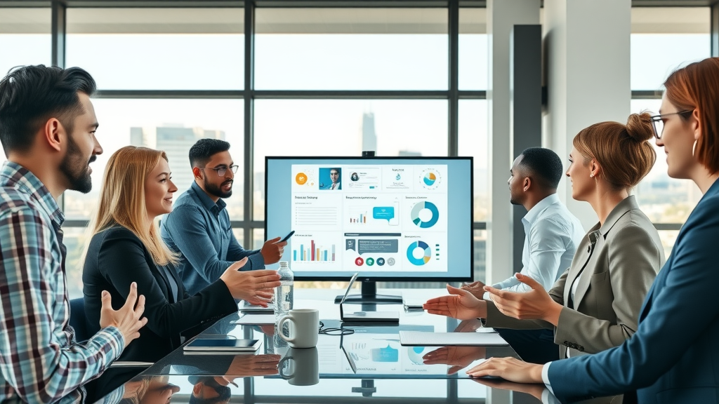 Albuquerque business team strategizing a winning media plan for targeted advertising Albuquerque with cityscape view