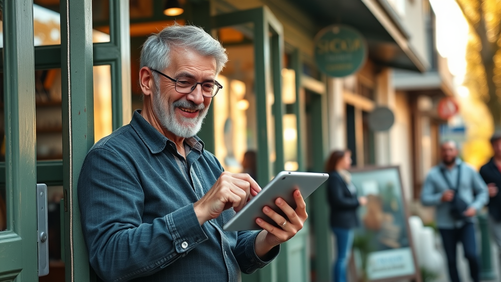 Local shop owner updating Google Business Profile using a local SEO toolkit