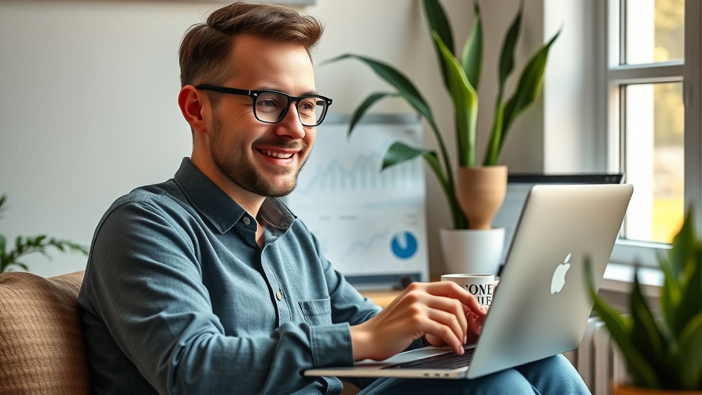 happy small business owner using laptop, email automation dashboard, Moosend automation tool