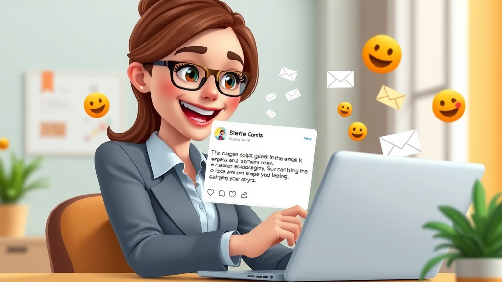 Businesswoman previewing personalized email subject lines on laptop, preparing engaging campaigns, creative workspace with floating email icons and playful elements