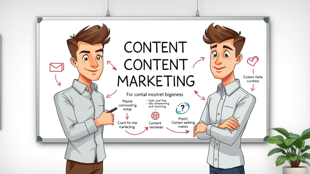 content marketing components infographic for small businesses, content strategy and target audience visually shown, 2D cartoon, arrows, and icons