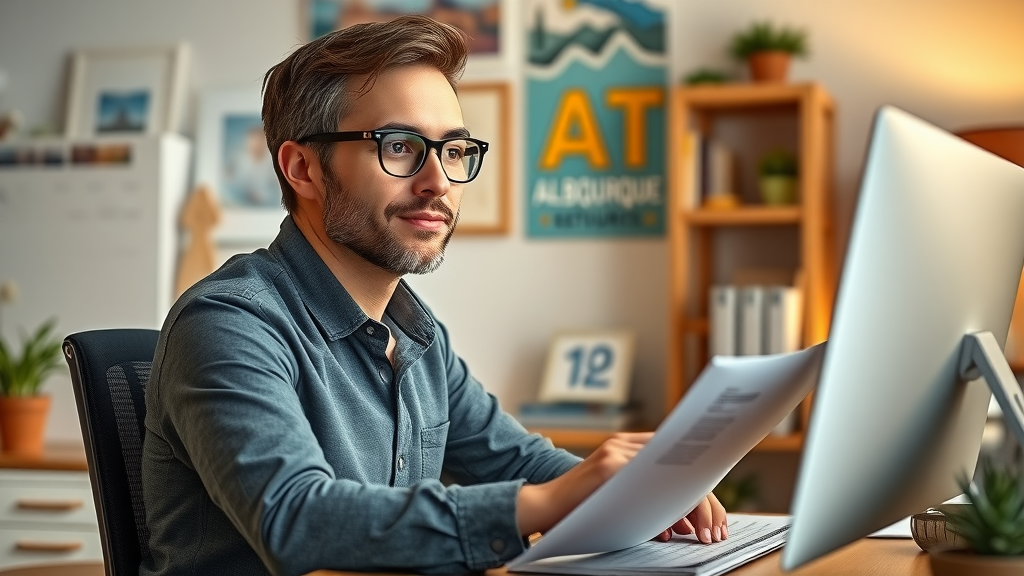 Albuquerque entrepreneur researching small business growth resources, economic development, city-themed home office, natural lighting