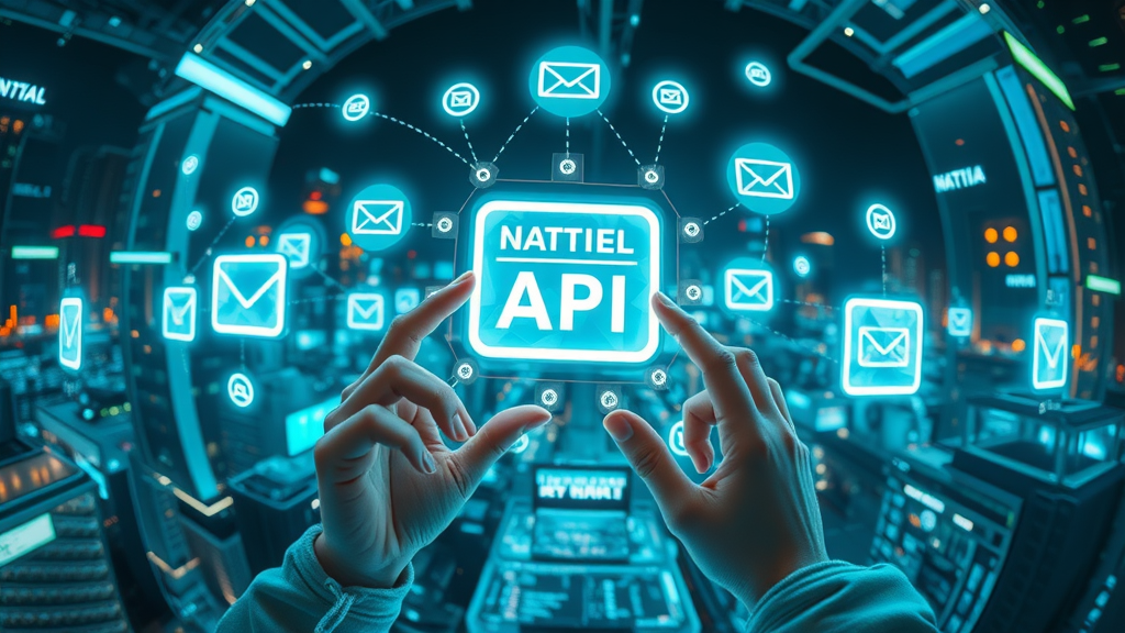 futuristic API interface connecting email marketing tools, digital data streams, modern marketing software integrations, blue neon data nodes