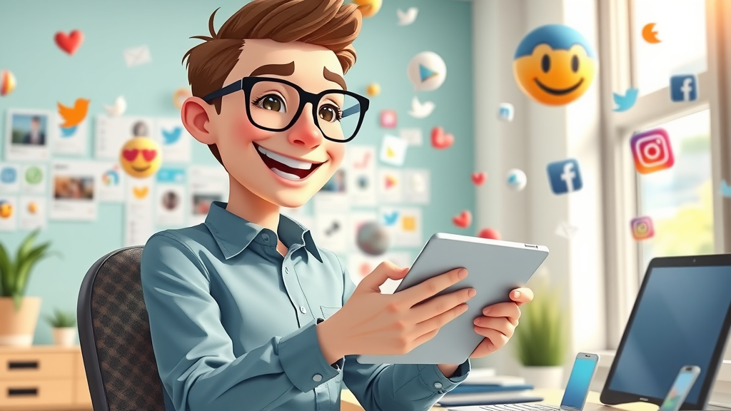 social media content strategist tablet floating icons fun workspace